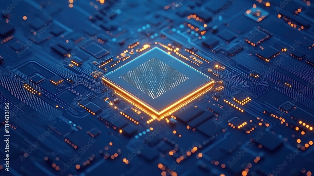 Poster golden processor on a blue circuit board