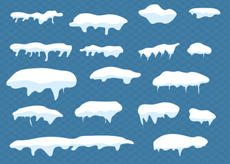 Set of snow caps and snowballs, winter decoration snowy elements. Christmas cartoon design. Vector illustration