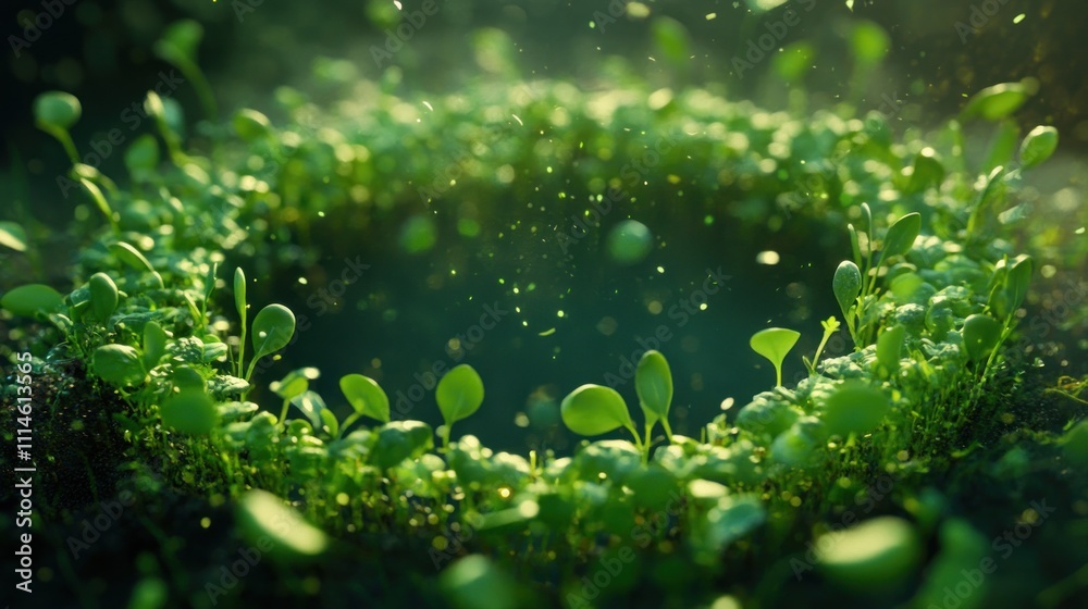 Poster green seedlings form a circular frame around a dark center