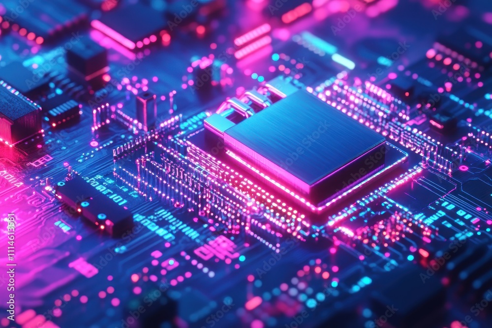 Poster neon lit microchip on circuit board technology