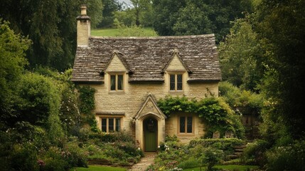 Fototapeta premium Stone Cottage in a Lush Garden