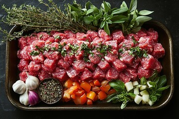 A tray of meat and vegetables with herbs and spices