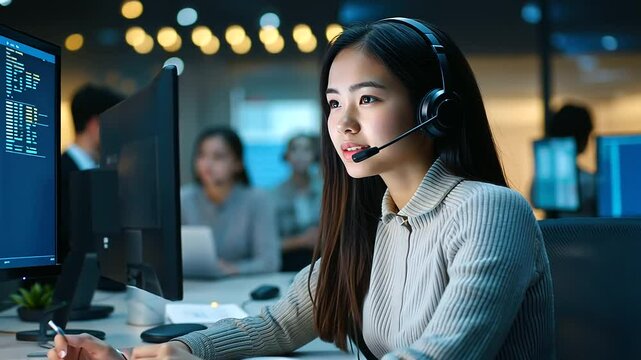Young Asian Call Center Operator at Modern Desk in Office
