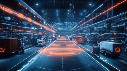 Futuristic automated warehouse with self-driving vehicles navigating a digital highway.