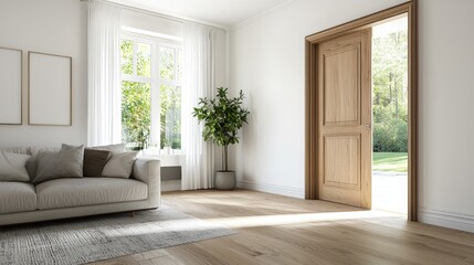 Fototapeta premium Bright and Modern Living Room with Cozy Sofa, Potted Plant, and Open Door Leading to a Lush Green Garden in Natural Light