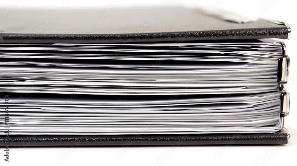 Poster black binder with a stack of papers