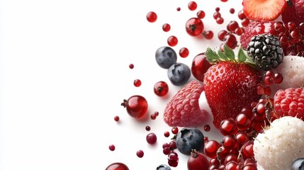 Fresh Mixed Berries Arrangement on White Background Featuring Red Currants, Strawberries, Raspberries, Blackberries, and Blueberries for Healthy Eating and Desserts