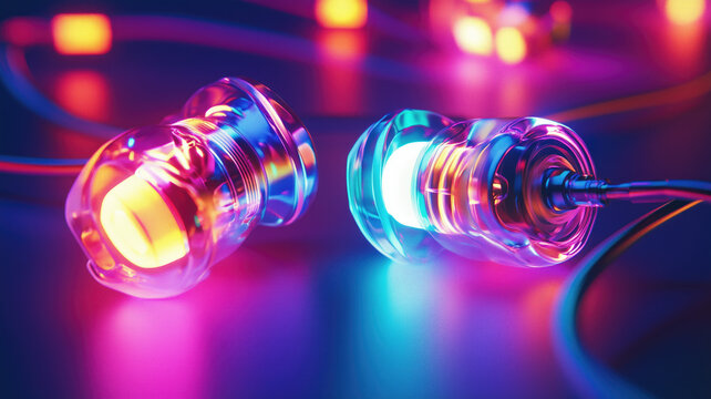 Futuristic In Ear Monitor (IEM) with multicolored Neon lights Generative AI.