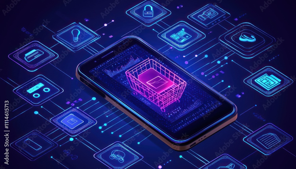 Poster smartphone displaying neon shopping cart with digital icons