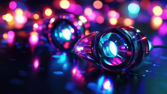 Futuristic In Ear Monitor (IEM) with multicolored Neon lights Generative AI.