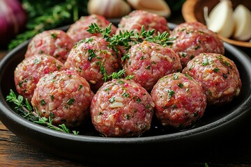 A plate of meatballs with herbs on top
