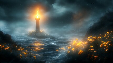 Fototapeta premium Fiery Lighthouse Amidst Stormy Seas and Glowing Flowers