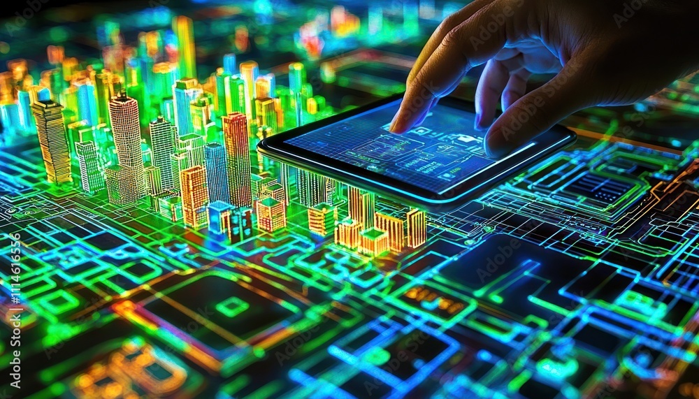 Poster a cityscape represented by a 3d model on a circuit board, depicting the interconnectedness of techno