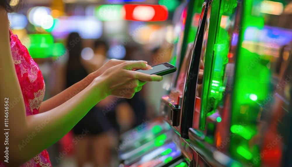 Poster woman using a smartphone while standing near a brightly lit arcade game