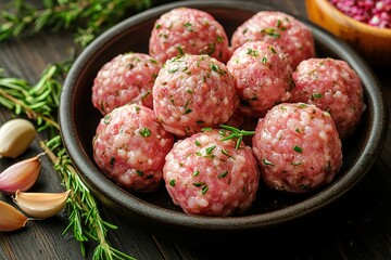 A bowl of meatballs with herbs and garlic on a wooden table