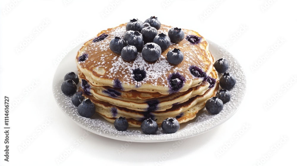 Poster A delightful stack of fluffy pancakes topped with fresh blueberries and a dusting of powdered sugar, perfect for breakfast or brunch