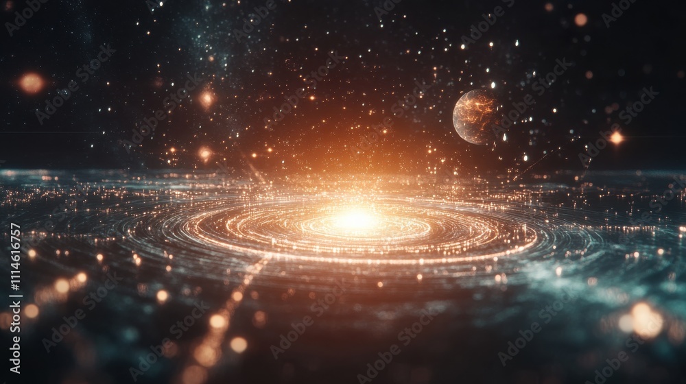 Aufkleber A wide-angle view of a mesmerizing glowing energy field with swirling patterns and distant celestial bodies illuminated in the cosmos
