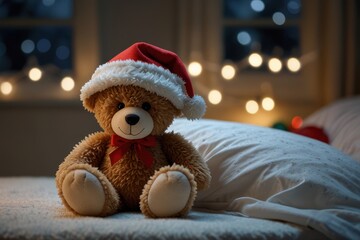 Fototapeta premium teddy bear with a Santa hat sits beside a child in a hospital bed, offering comfort and companionship during a difficult time. A symbol of hope, resilience, and care in moments&nbsp;of&nbsp;hardship