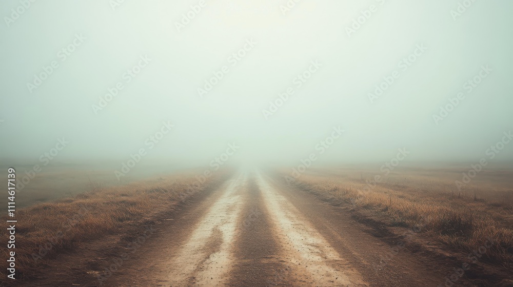 Poster A misty dirt road fades into the horizon surrounded by empty fields at dawn, creating a serene atmosphere of quiet isolation