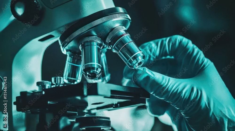 Poster a close-up of a microscope with a gloved hand adjusting the lens