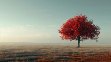 Vibrant red autumn tree with brilliant fall foliage standing alone in a picturesque countryside landscape with an open expansive field under warm and atmospheric sunlight
