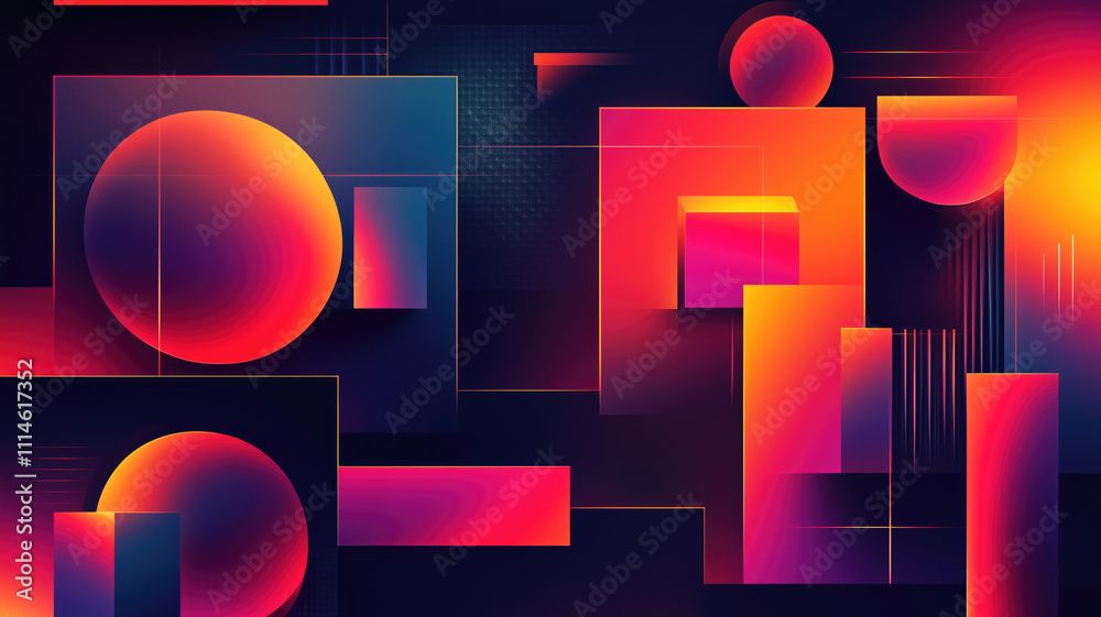 Wall mural generative ai illustration of abstract geometric background with shiny smooth shapes and glowing neo