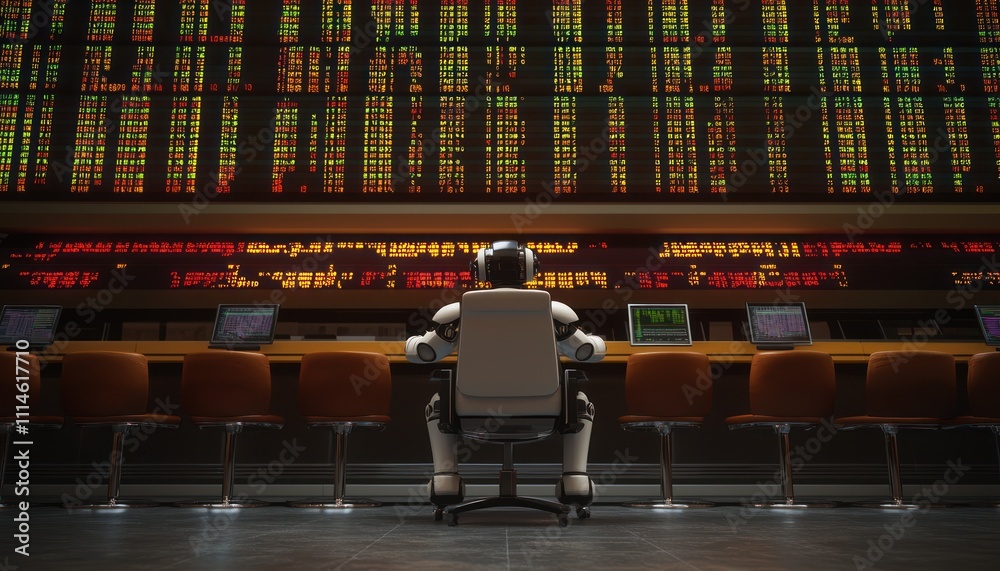 Aufkleber a robot observing a stock exchange display board