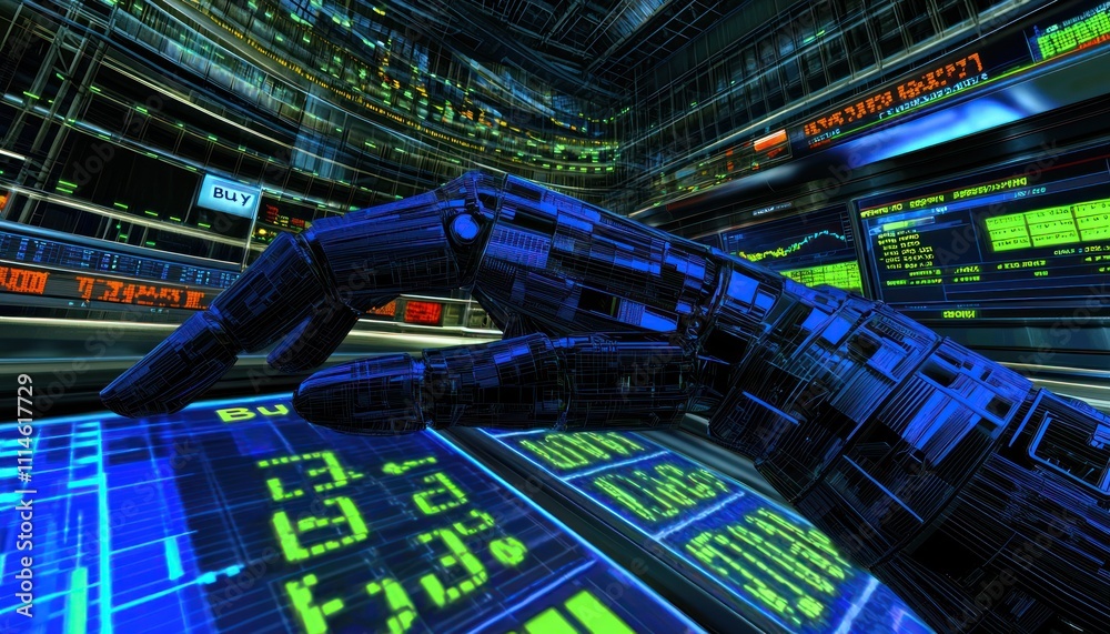 Poster a robotic hand interacting with a futuristic stock exchange interface