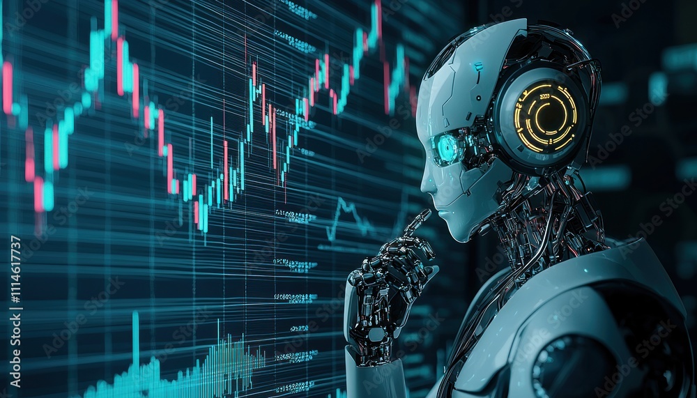 Leinwandbilder An Artificial Intelligence Robot Analyzes Financial Data on a Computer Screen