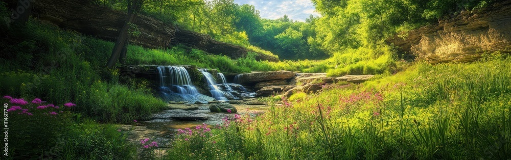 Poster a serene view of cascading waterfalls surrounded by vibrant wildflowers and lush greenery in a tranq