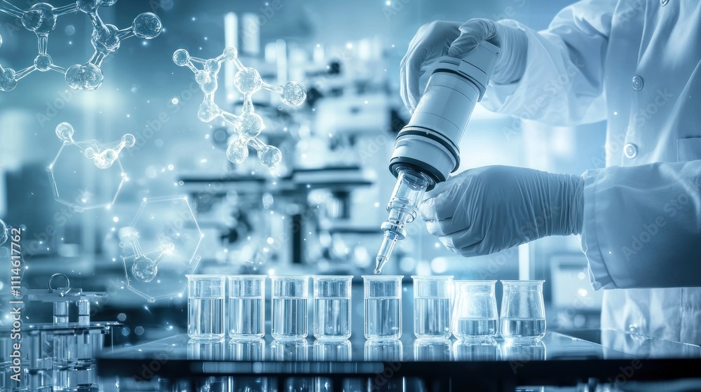 Aufkleber scientist in lab coat performing experiment with pipette and beakers
