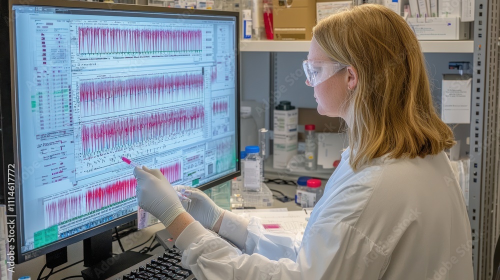 Aufkleber Scientist Analyzing Data on a Computer Monitor in a Laboratory Setting