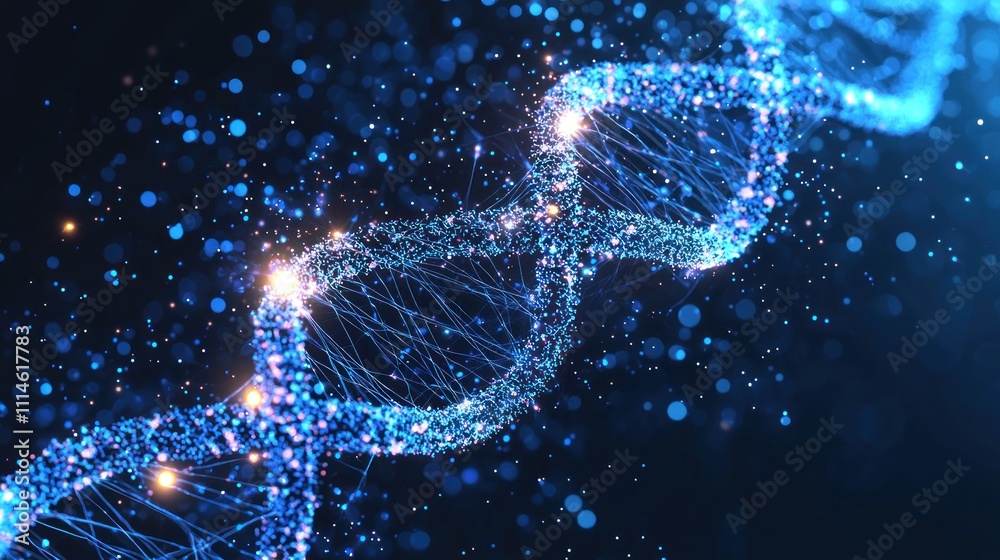 Poster abstract blue and gold dna structure with glowing particles