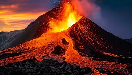 Lava erupts from a volcano at sunset creating a stunning display of fire and light in a dramatic landscape. Generative AI