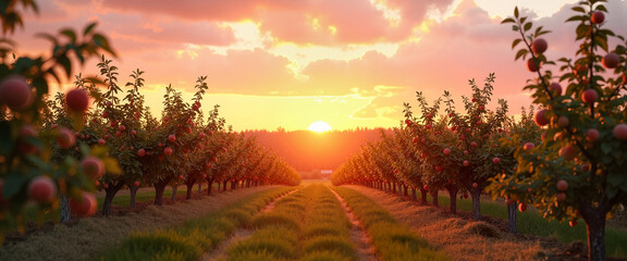 Peach orchard at sunset with ripe peaches hanging on trees, serene landscape view
