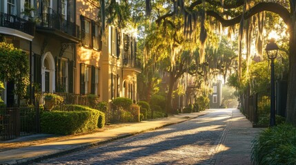 A tranquil morning stroll through Savannah's historic district lined with charming residences and draped in Spanish moss