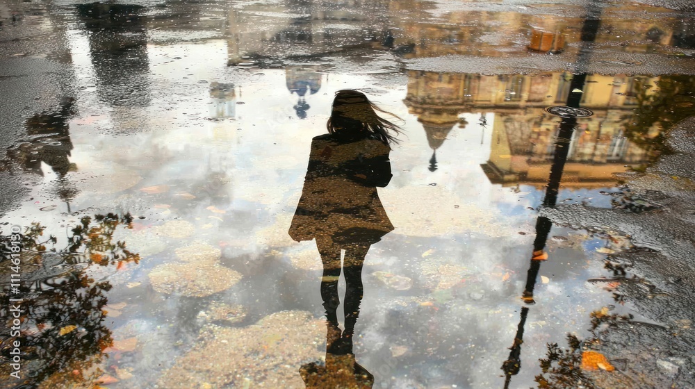 Poster a silhouette reflected in a puddle with a cityscape reflection