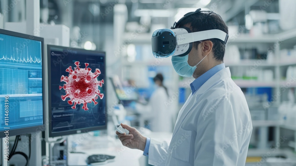 Poster scientist in vr headset examining 3d model of coronavirus in lab