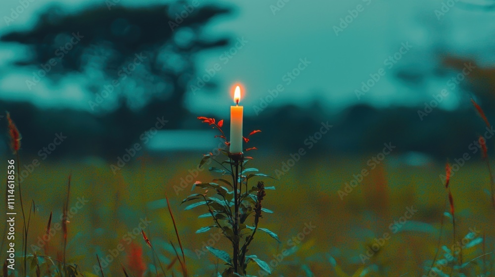 Poster a single candle flame illuminates a field of grass and shrubs at dusk