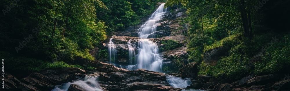 Poster a serene view of amicalola falls cascading through lush greenery and rocky terrain in the heart of g