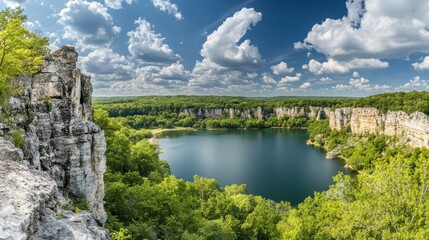 Fototapeta premium A breathtaking panorama of Ha Ha, showcasing cliffs, lush greenery, and a serene lake under a vibrant sky