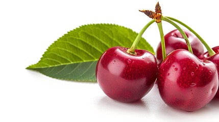 Juicy Red Cherries with Green Leaf on White Background