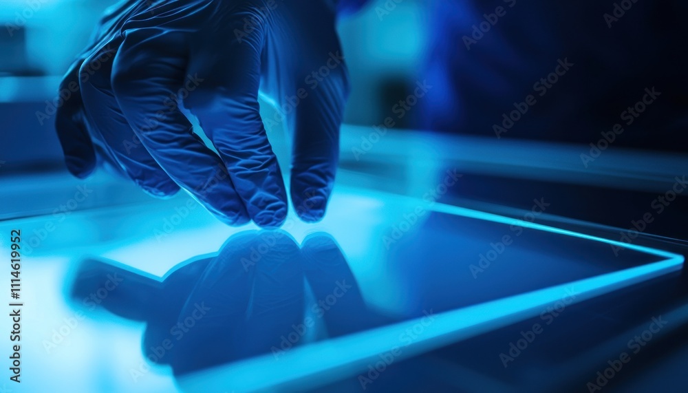 Poster gloved hand hovering above a blue illuminated surface
