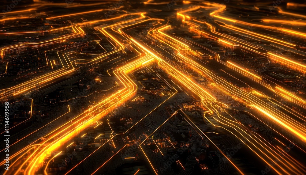 Poster abstract circuitry with glowing orange lines