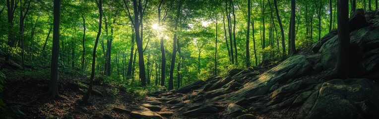 Fototapeta premium Experience the breathtaking panorama of Catoctin Mountain's lush forest and sunlight breaking through the trees during a serene afternoon hike