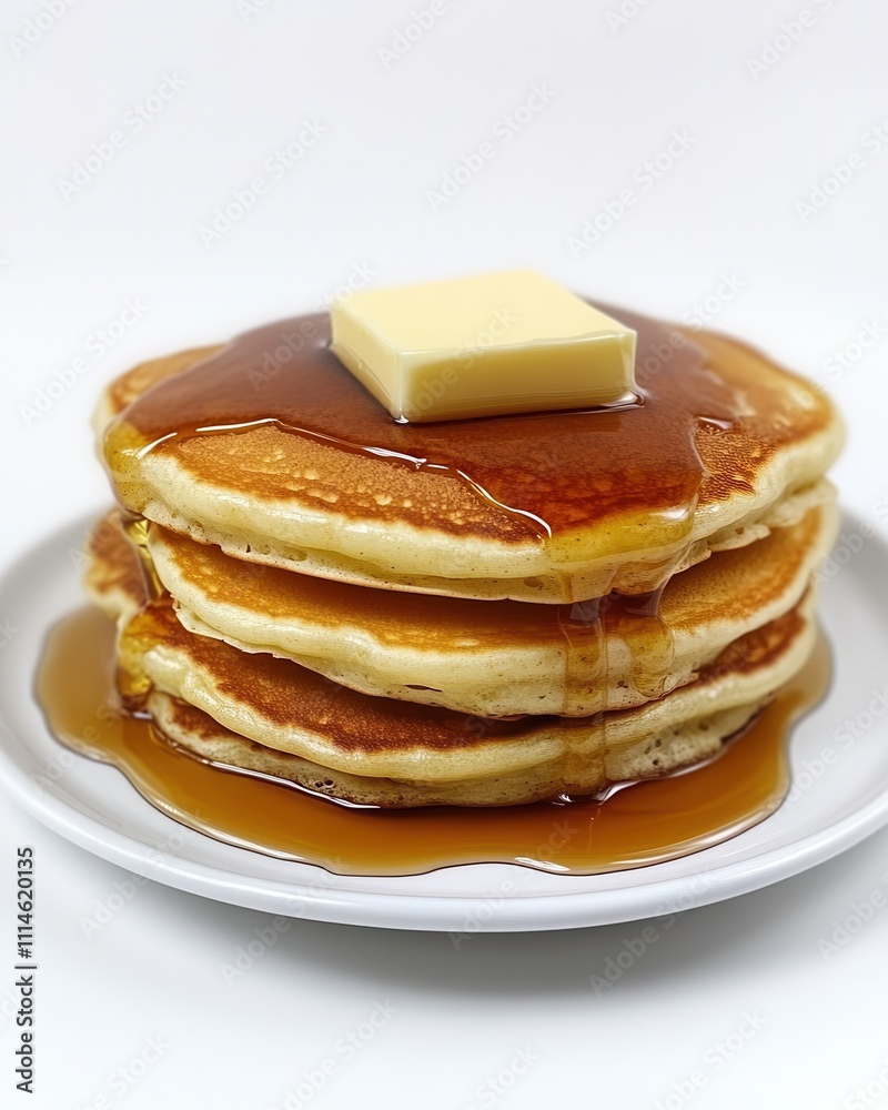 Poster a delicious stack of fluffy pancakes drizzled with syrup and topped with butter on a white plate, pe