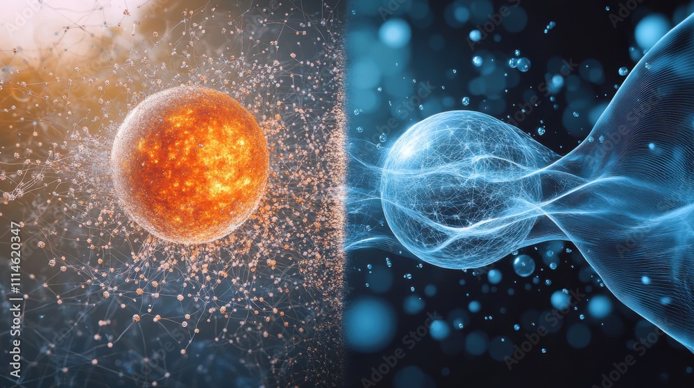 Poster Exploring quantum phenomena through a split-view concept showing the duality of particles and energy in a cosmic setting