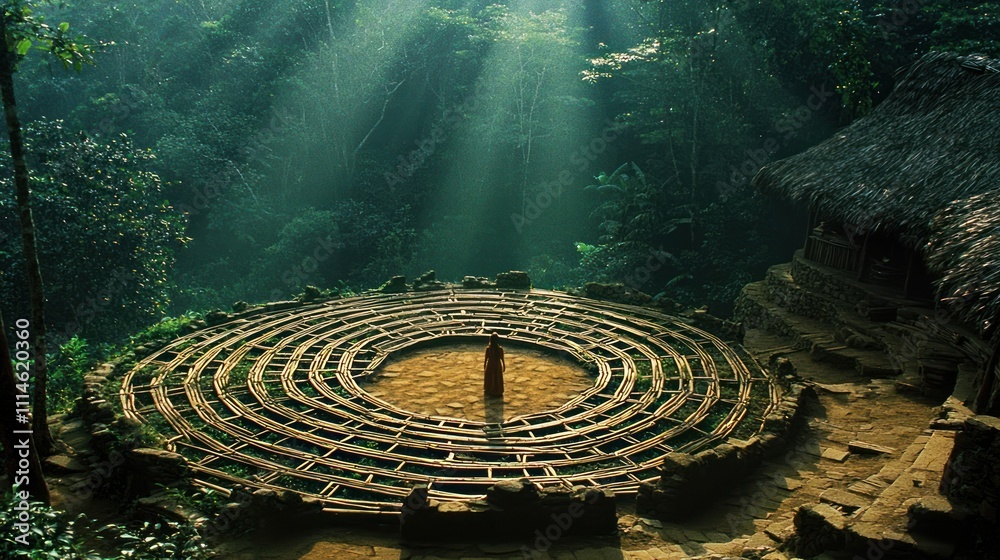 Aufkleber A circular bamboo structure in a dense jungle setting with sunlight streaming through the trees