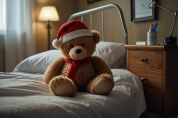teddy bear with a Santa hat sits beside a child in a hospital bed, offering comfort and companionship during a difficult time. A symbol of hope, resilience, and care in moments&nbsp;of&nbsp;hardship