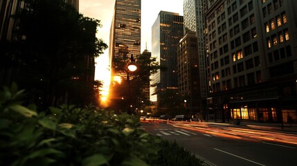 Naklejka premium Sunset Cityscape: Golden Hour in the Urban Canyon